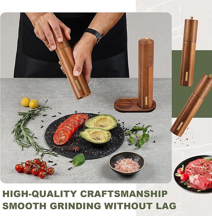 Wooden Salt and Pepper Grinder Set 10 Inch Manual Salt and Pepper Mill with Tray Adjustable Coarseness Refillable Wood Grinders with Gold Bottle Label for Kitchen(Wood Color)