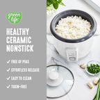 GreenLife Rice Cooker with Removable PFAS-Free Ceramic Nonstick Pot, 3-Cups Uncooked/6-Cups Cooked, Grains & Oatmeal Multicooker, Compact One-Switch Design, Auto Keep Warm, Easy Clean, White