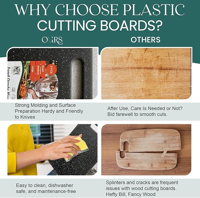 Cutting Board Set – 3-Piece Plastic Cutting Boards for Kitchen, Non-Slip with Juice Grooves – Dishwasher Safe Small, Large & XL Cutting Boards – Black Chopping Board Set