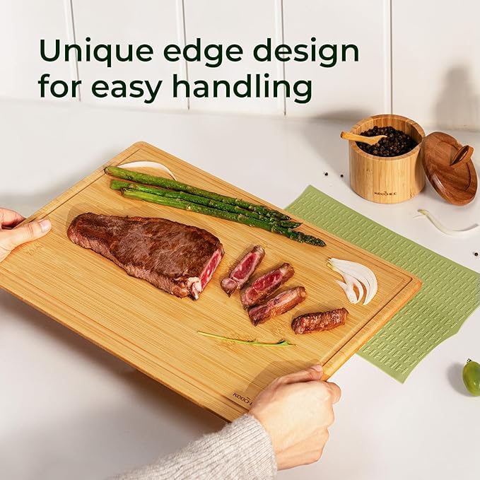 Keechee 2Pcs Cutting Board with Non-slip Mat, Bamboo Cutting Boards for Kitchen Meal Prep & Serving - Wood Serving Board Sets with Deep Juice Groove Ideal Kitchen Gifts