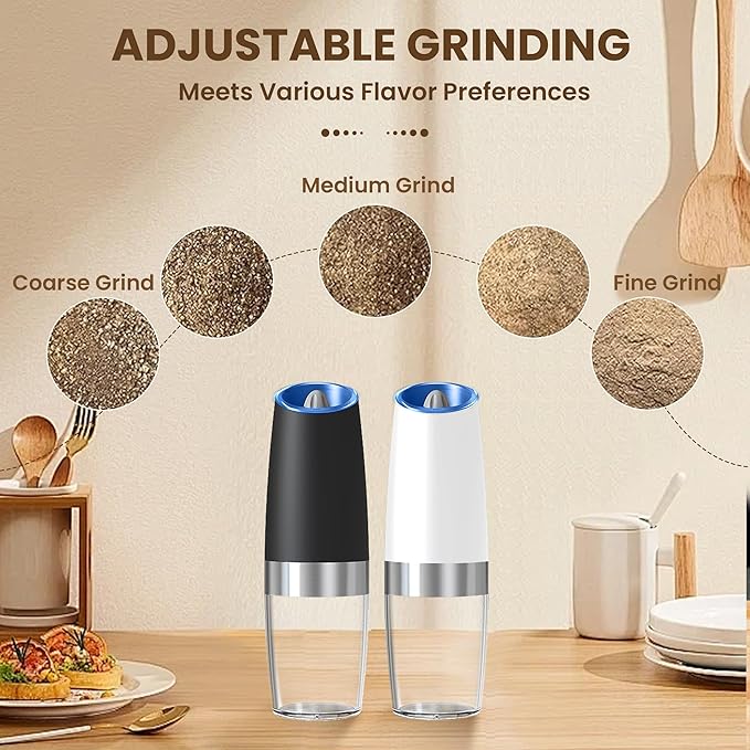 Gravity Electric Salt And Pepper Grinder Set, Automatic Salt And Pepper Grinder Set, Battery Powered (6 AAA Batteries Each), Adjustable Roughness, LED Light, 2 Pack, (Black+White)