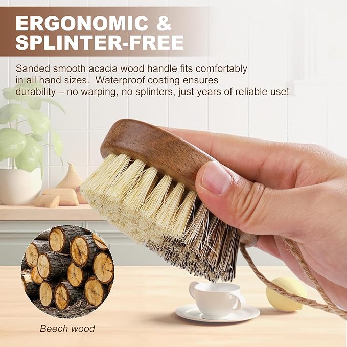 2 Pack Wooden Vegetable Brush for Food - Dual Bristle Potato Brush Scrubber with Hanging Rope | Natural Compostable Kitchen Vegetable Scrubber for Potatoes, Carrots, Fruits