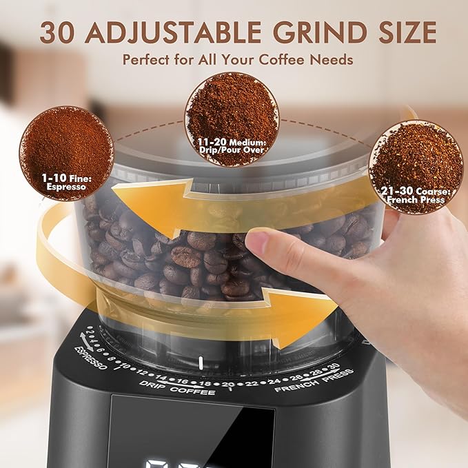 AYCHIRO Burr Coffee Grinder Electric, Adjustable Burr Mill with 30 Grinding Settings, Coffee Bean Grinder with Touchscreen, 2-12 Cups