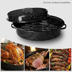 Oval Roasting Pan with Lid and Rack 18" Large Roaster Pan Set Comes With Lron Rack Enamel Cook Ware Dishwasher Compatibility Granite Oven Roaster