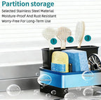 304 Stainless Steel Sink Caddy with Auto-Drain, Kitchen Sink Organizer Sponge Holder with Towel Rack & Removable Brush Holders, Countertop Storage for Soap Dispenser, Dishcloth, Kitchen Accessories