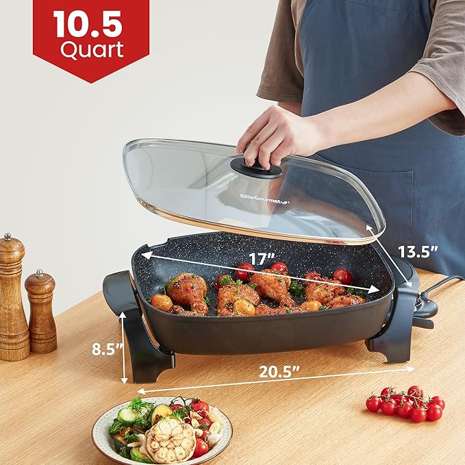 Elite Gourmet EG-6203# Extra Deep 16"x13" (10.5 Qt.) Non-Stick Electric Skillet with Glass Vented Lid & Pour Spout | Dishwasher Safe, Long-Lasting Non-Stick, 200-400°F | Serves 6-8, Black