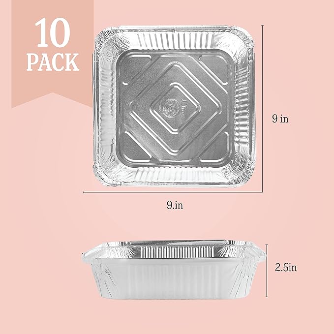 PLASTICPRO Disposable 9'' X 9'' X 2'' Inch Square Aluminum Tin Foil Baking Pans Bakeware - Cookware Perfect for Baking Cakes, Breads, Brownies, Bread, Meatloaf, Lasagna, Pack of 10