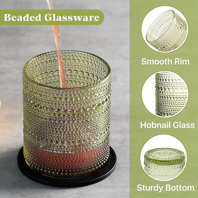 Hobnail Drinking Glasses Set of 12 Count, Vintage Glassware, Old Fashioned Glasses, 6 Highball Bubble Drinking Cups 14.5 oz, 6 Rocks Cups 10 oz with 6 Silicone Coasters, Green