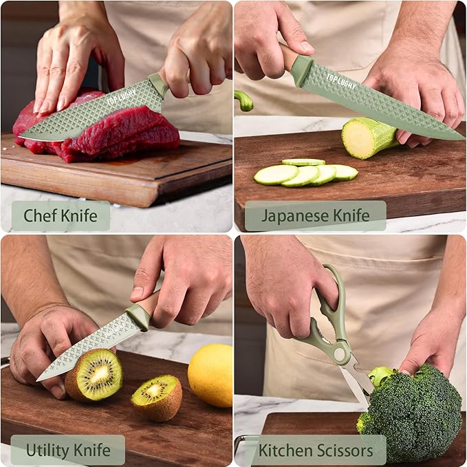 Kitchen Knife Set, Retrosohoo 6-Pieces Green Sharp Knife Set for Kitchen, Non-stick Non-slip Stainless Steel Chef Knife Set with Universal Knife Block Suitable for Home Restaurant (Green)