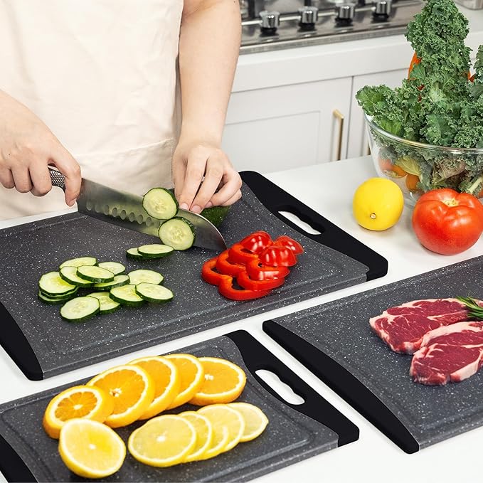 Extra Large Cutting Boards, Plastic Cutting Boards for Kitchen (Set of 3) Cutting Board Set Dishwasher Chopping Board with Juice Grooves Easy-Grip Handles, Dark Grey, Empune