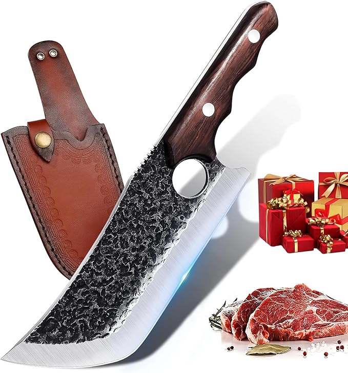 DRGSKL Hand Forged Meat Cleaver Knife Fathers Butcher Knives for Meat Cutting Full Tang Chef Knife with Belt Sheath and Gift Box High Carbon Steel for Kitchen or Camping, Gift for Dad