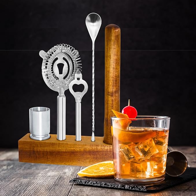 OGGI 6-Piece Slim Bartender Kit - Ideal Bar Cart Accessories, Great Decor and Accessories for the Home Bar, Bartending Kit - Acacia Base & Muddler, Stainless Stirrer, Opener, Jigger, Cocktail Strainer