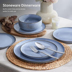 E-far 6-Piece Reactive Glaze Dinnerware Sets, Ceramic Dishes Set for 2, Stoneware Plates and Bowls Dinning Ware, Microwave & Dishwasher Safe - Ocean Blue
