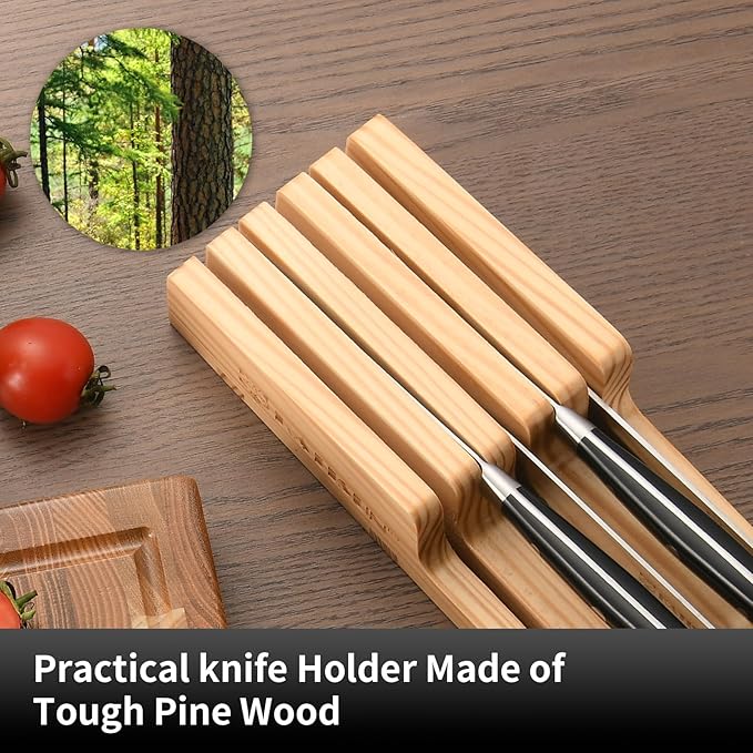 In-Drawer Knife Block with 5 Pieces Knives, Bamboo Knife Drawer Organizer for Kitchen, Perfect for Home and Chefs, Premium Knife Holder, Slots for 5 Knives Kitchen Drawer, Counter Top - Chef Gift Idea