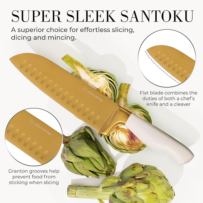 White and Gold Knife Set with Block - 14-Piece White Knife Set with Block and Built-In Sharpener – Titanium-Coated High Carbon Stainless Steel Blades - Gold Kitchen Accessories - Great for Gifting