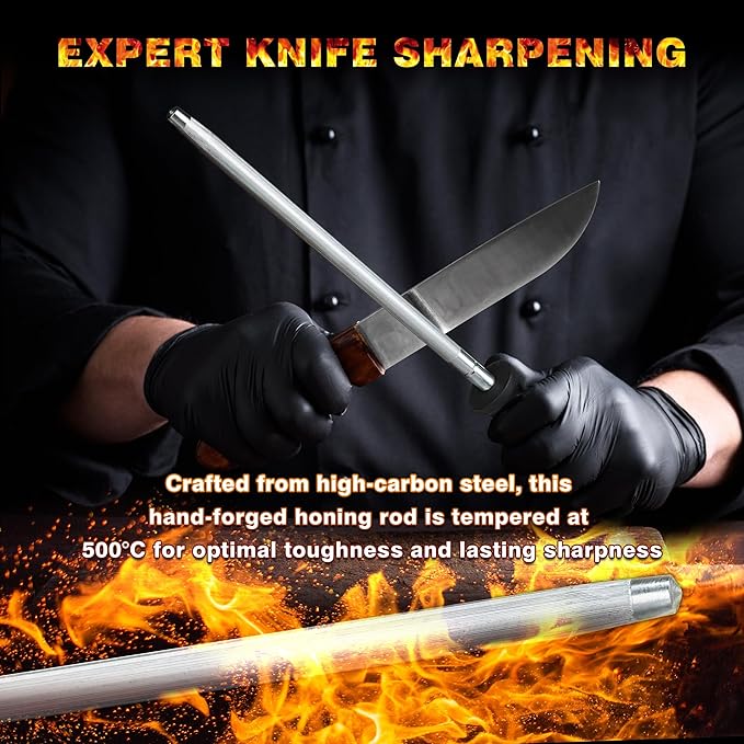 Knife Sharpener Rod, Kitchen Knives Sharpener Carbon Steel Professional Knife Sharpening Steel, Honing Rod with Hanging Holes (13 inches)