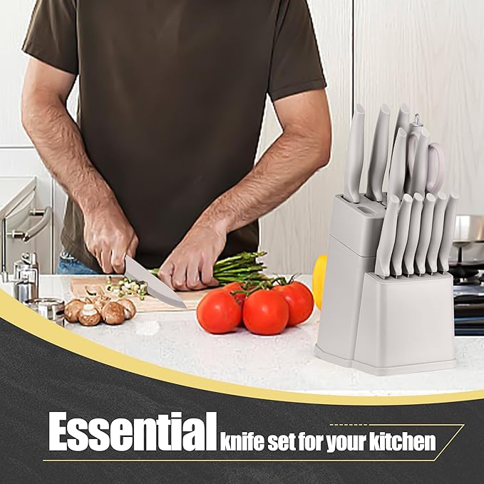 HaWare Knife Set, 21 Pieces Stainless Steel Kitchen Knife Block Set, Khaki Chef Knife Sets with Measuring Spoon & Slicer for Home, 6 Steak Kinves, Sharp Blade & Light Weight Cutlery, Ergonomic Handle