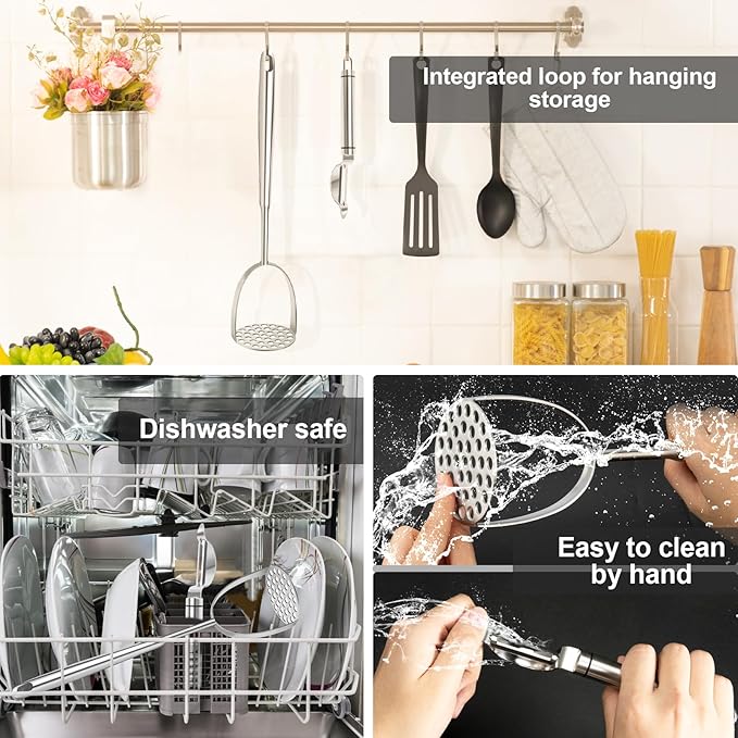2Pcs Long Handle Large Potato Smasher with Peeler,Mashed Potato Masher,Stainless Steel Masher Kitchen Tool for Bean,Vegetable,Food,Fruit,Salad
