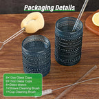 ZMOWIPDL Vintage Glassware Drinking Glasses Set of 12,Blue 12oz & 15oz Hobnail Glass Cups,Embossed Water Tumbler,for Beer,Cocktail,Whiskey,Juice and Various Mixed Drinks- 1 Cleaning Brush