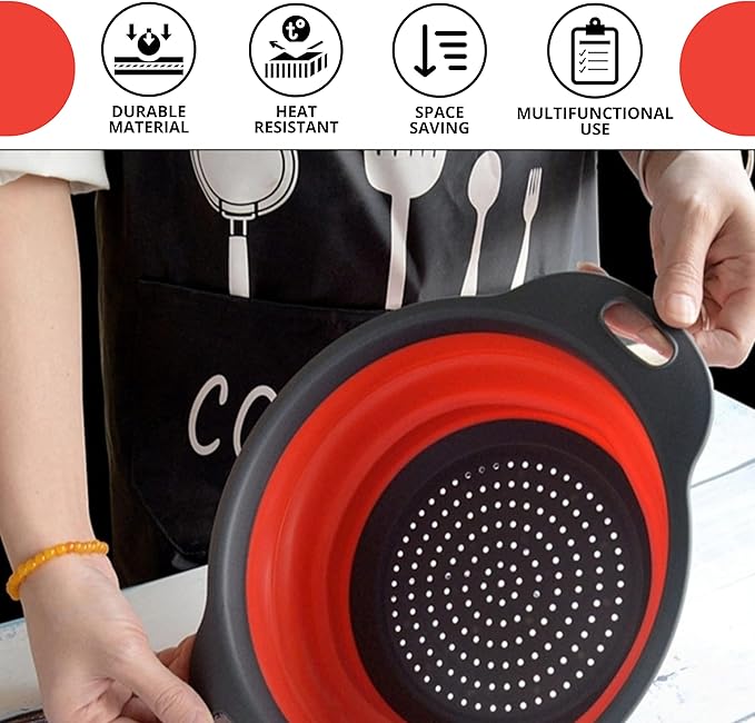 Round Collapsible Colander with Plastic Handles Round Silicone Kitchen Strainers Foldable Kitchen Strainer Perfect for Draining Pasta Vegetable and Fruit Red