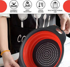 Round Collapsible Colander with Plastic Handles Round Silicone Kitchen Strainers Foldable Kitchen Strainer Perfect for Draining Pasta Vegetable and Fruit Red