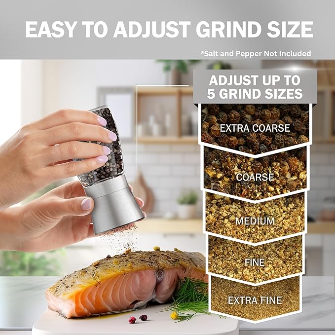 Home EC Original Stainless Steel Sea Salt and Pepper Grinder Set of 2 - Adjustable Ceramic - Glass Salt and Pepper Shakers - Kitchen Pepper Mill & Salt Mill W/Funnel & EBook