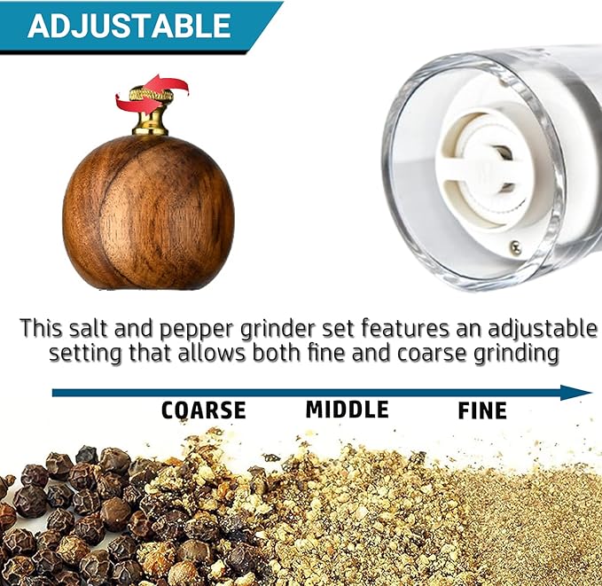 Pepper Mill Manual Salt and Pepper Grinder Set, Classic Transparent Pepper Grinder Salt Mills 2pcs 8in，Solid Wood Hand Shaker Rotor Pepper Salt Grinder Ceramic Core Adjustable Coarseness Spices