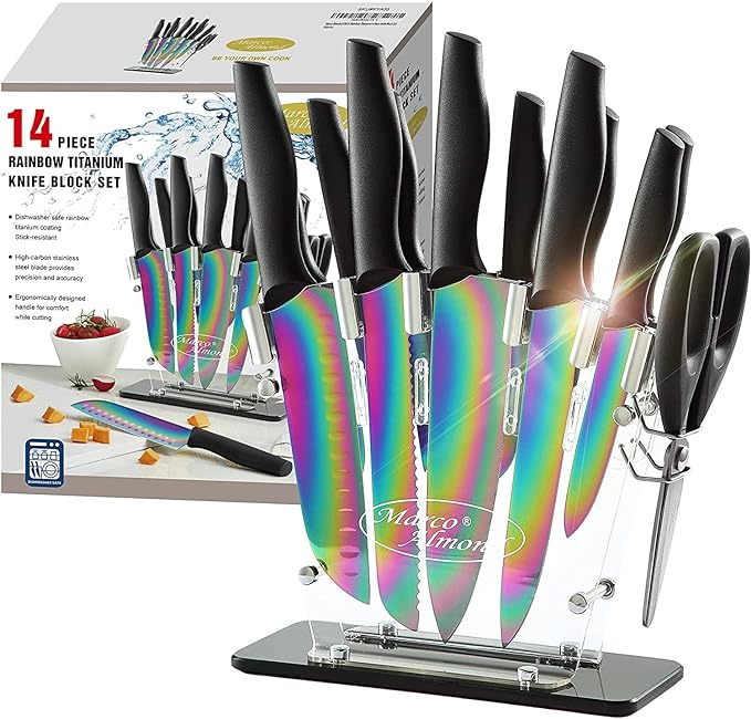 Marco Almond® Knife Block Set,14-Piece Rainbow Color Stainless Steel Knife Sets for Kitchen with block, KYA35 Chef Cooking Knives Set with Acrylic Stand