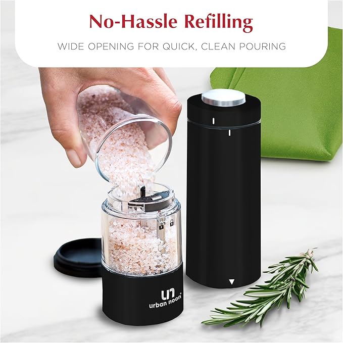 Electric Salt and Pepper Grinder - Battery Operated Stainless Steel Pepper Mill with Light (Black) - Automatic One Handed Operation - Electronic Adjustable Shaker - Ceramic Grinder