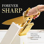 Styled Settings Gold Knife Set with Block and Sharpener – 14PC Golden Titanium-Coated Blades with Bold Herringbone Pattern, Knife Block with Built-in Sharpener, Durable, Luxury Kitchen Knives Set