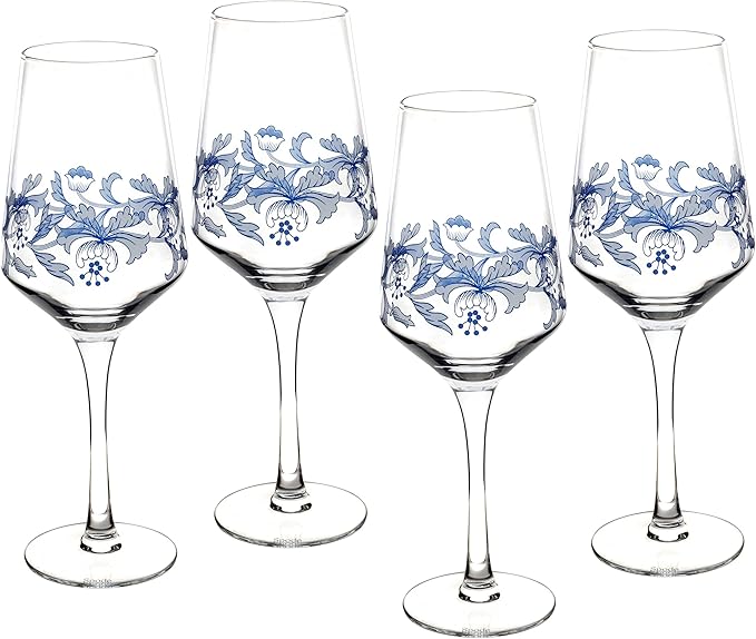 Spode Blue Italian Stemmed Wine Glasses, Set of 4 - 16oz Decorative Goblets with Scroll Rim Detailing & Countryside Scene for Red or White Wine, Dining, Entertaining - Great Mother's Day Gift