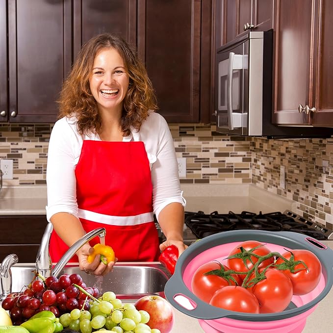 Pink Round Silicone Colander Collapsible – Foldable Kitchen Strainer Small Collapsible Colander Pink with Plastic Handles for Draining Vegetable and Fruit Round Silicone Kitchen Strainer for Pasta