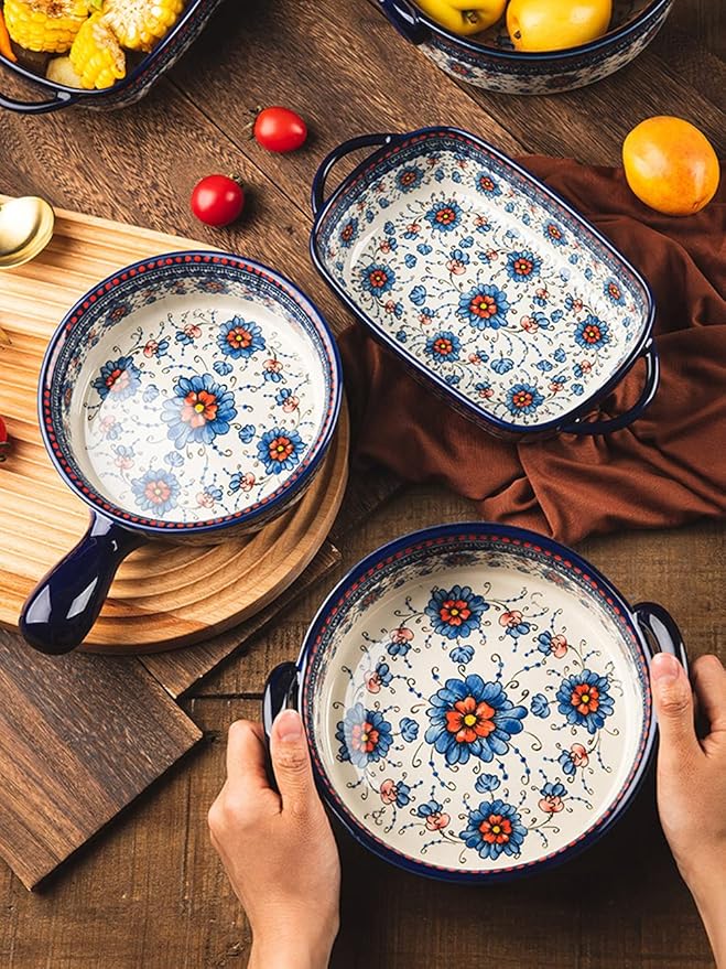 Blue and Orange Flower Vintage Style Ceramic Bakeware Casserole Lasagna Pans Baking Dish with Handles for Oven/Cooking/Kitchen-1 PCS-32 OZ