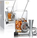 LIGHTEN LIFE Cocktail Mixing Glass Set,Bar Mixing Set with 20oz Crystal Thick Bottom Glass,Spoon, Jigger,Strainer and Muddle,5 Pieces Cocktail Mixing Glass Kits Perfect for Amateurs and Bartenders