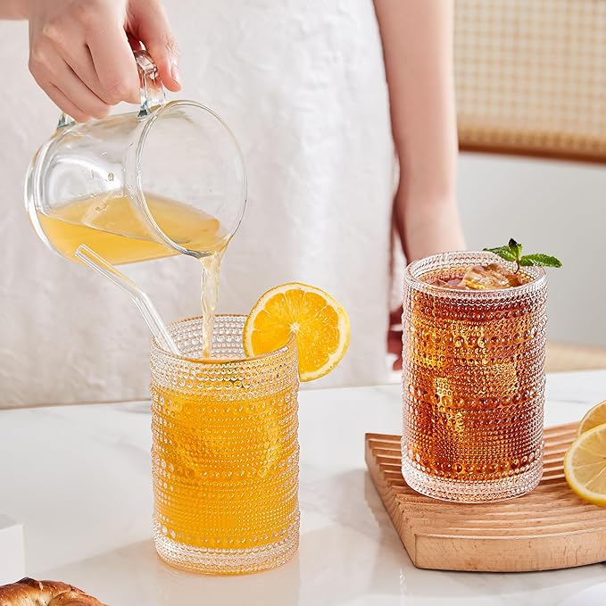 15 oz Clear Hobnail Drinking Glasses with Straws Set of 6, Vintage Glassware Old Fashioned Beverage Glasses, Cocktail Drinking Glassware Set, Kitchen Water Glasses Cup, for Beer, Smoothie, Juice