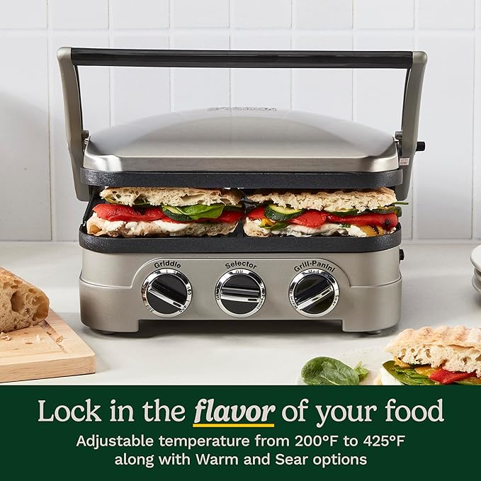 Cuisinart Griddler Indoor Grill, Panini Press, Sandwich Maker & More, 5-in-1 Grilling, Dishwasher-Safe Nonstick Cooking Plates, GR-4NP1, Stainless Steel