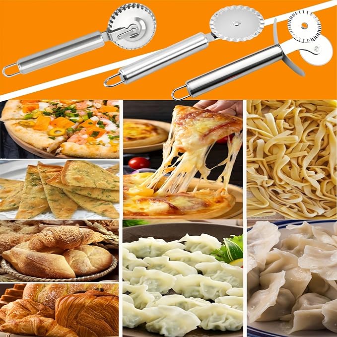 3 PCS Stainless Steel Pastry Wheel Cutter,Ravioli Cutter, Pizza Cutter Wheel, Fluted Pasta Crimping Wheel Dough Crimper Pie Crust Cutter,Ergonomic handle, Easy to use and clean