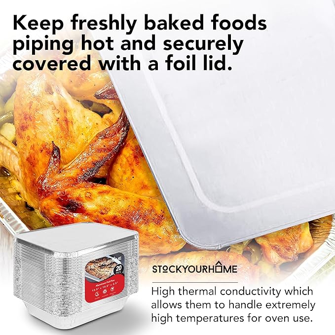Stock Your Home Foil Pans with Lids - 9x13 Aluminum Pans with Covers - 20 Foil Pans and 20 Foil Lids - Disposable Food Containers Great for Baking, Cooking, Heating, Storing, Prepping Food Silver