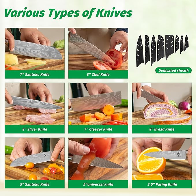 FULLHI 15pcs Japanese Knife Set with Magnetic Knife Block Holder, Japan Stainless Steel Blades, Ergonomic Handles for Professional and Home Cooking (Pink, Knife set)
