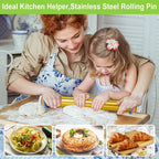 Adjustable Rolling Pins for Baking, Stainless Steel Rolling Pin with Thickness Rings, Metal Dough Roller for Fondant Cookies Pastry Pizza Pasta, Measuring Rolling Pin Baking Tools for Cake Baker, Gold