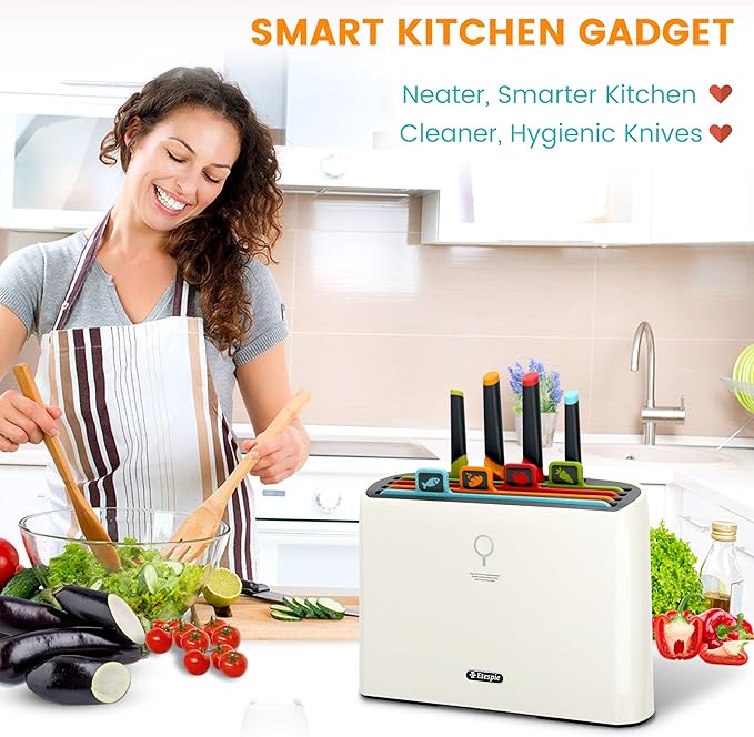 Smart Cutting Board and Knife Set,Self Cleaning Cutting Board and Knife Set with 4 Stainless Steel Knives,4 Color Coded Cutting Boards