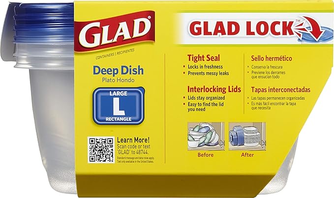 Glad GladWare Deep Dish Food Storage Containers with Lids, Large Rectangle BPA Free Plastic for Soups Salads and Meal Prep, Lock Tight Seal, Microwave Dishwasher Safe, 64 Oz, 3 Count - 6 Pack