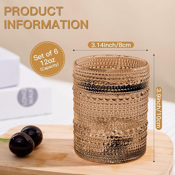 JOVGANK Brown Vintage Hobnail Drinking Glasses Set of 6, Embossed Water Tumbler 12oz, Kitchen & Bar Beaded Glass Cups, Beverage Glass Cups for Water, Beer, Juice, Housewarming and Mother's Day Gift