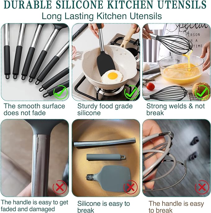 Stainless Steel Kitchen Cooking Utensil Set, Umite Chef 15 pcs Cooking Utensils - Nonstick Kitchen Utensils Cookware Set Spatula Set -Kitchen Gadgets Utensils Set, Kitchen Tools Gift (Gray)