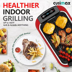 Indoor Grill, CUSIMAX Smokeless Grill Indoor, Electric Griddle, 1500W Korean BBQ Grill with LED Smart Display & Tempered Glass Lid, Non-stick Removable Plate & Griddle Plate, Red