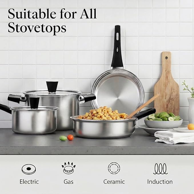 Meythway Stainless Steel Pots and Pans Set Non Toxic, 6PCs Kitchen Cookware Sets with Stay-Cool Handles, Dishwasher Safe&Compatible with All Stovetops(Gas,Electric&Induction)