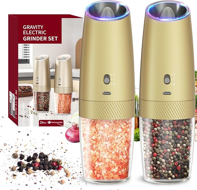 CIRCLE JOY Gravity Electric Salt and Pepper Grinder Set with 2-Speed, Rechargeable Salt and Pepper Grinder Set, Adjustable Coarseness, Whiet LED Light