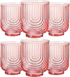 JOVGANK Pink Vintage Drinking Glasses Set of 6-14Oz Pink Glass Drinking Glasses, Art Deco Ripple Highball Glass, Whiskey Cocktail Glasses, for Bar Coffee Juice, Housewarming and Mother's Day Gift