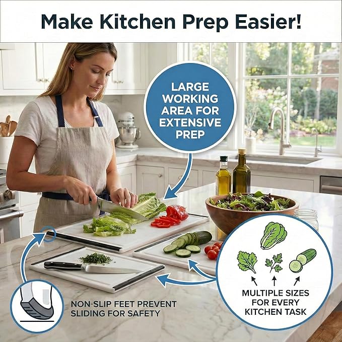 Thirteen Chefs Non Slip Cutting Board 3 Pack Set for Kitchens with Groove - BPA Free and Dishwasher Safe with 16, 12 and 10 Inch Sizes