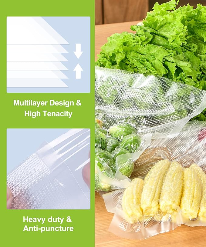 Bonsenkitchen 3 Rolls 11" x 16' + 3 Rolls 8" x 16' Vacuum Sealer Bags for Food with a Color Box, Easy to Store, Commercial Grade, BPA Free, Great for Food Storage or Sous Vide, VB22